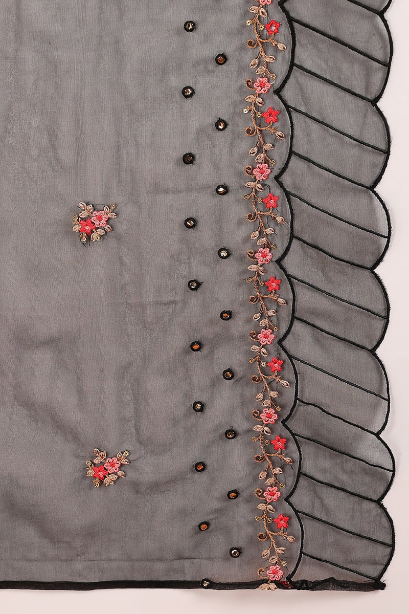 Women's Black Silk Blend Solid Embroidered Straight Kurta Trouser With Dupatta