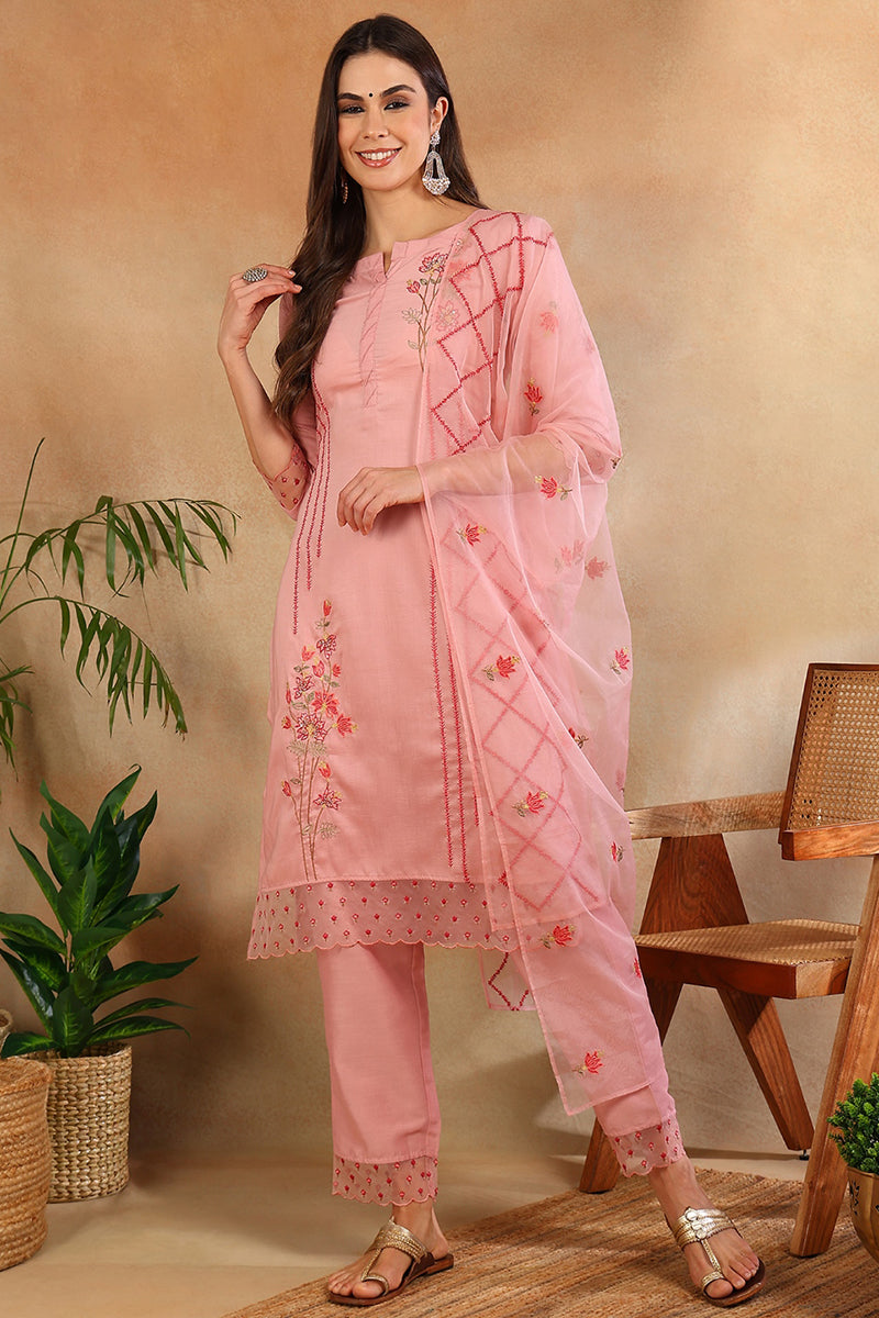 Women's Pink Silk Blend Solid Embroidered Straight Kurta Trouser With Dupatta