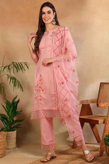 Women's Pink Silk Blend Solid Embroidered Straight Kurta Trouser With Dupatta