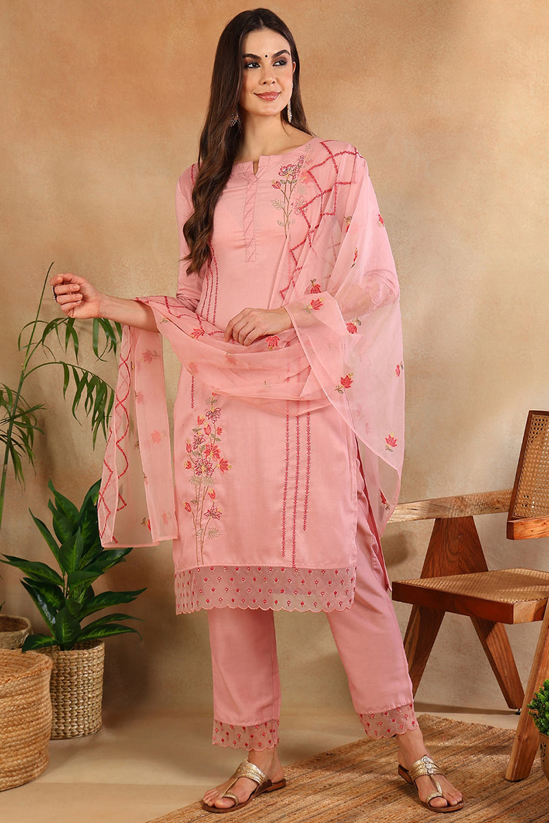 Women's Pink Silk Blend Solid Embroidered Straight Kurta Trouser With Dupatta