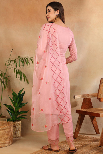 Women's Pink Silk Blend Solid Embroidered Straight Kurta Trouser With Dupatta