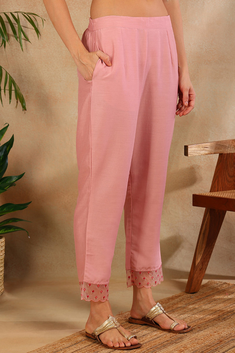 Women's Pink Silk Blend Solid Embroidered Straight Kurta Trouser With Dupatta