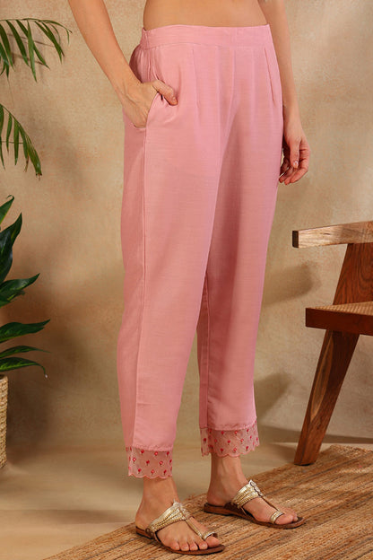 Women's Pink Silk Blend Solid Embroidered Straight Kurta Trouser With Dupatta