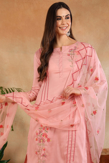 Women's Pink Silk Blend Solid Embroidered Straight Kurta Trouser With Dupatta