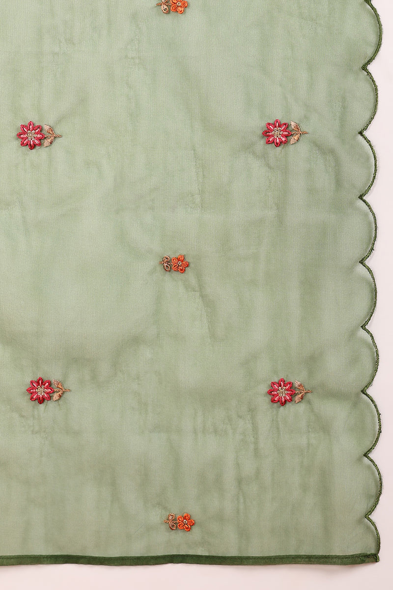 Women's Green Silk Blend Solid Embroidered Straight Kurta Trouser With Dupatta