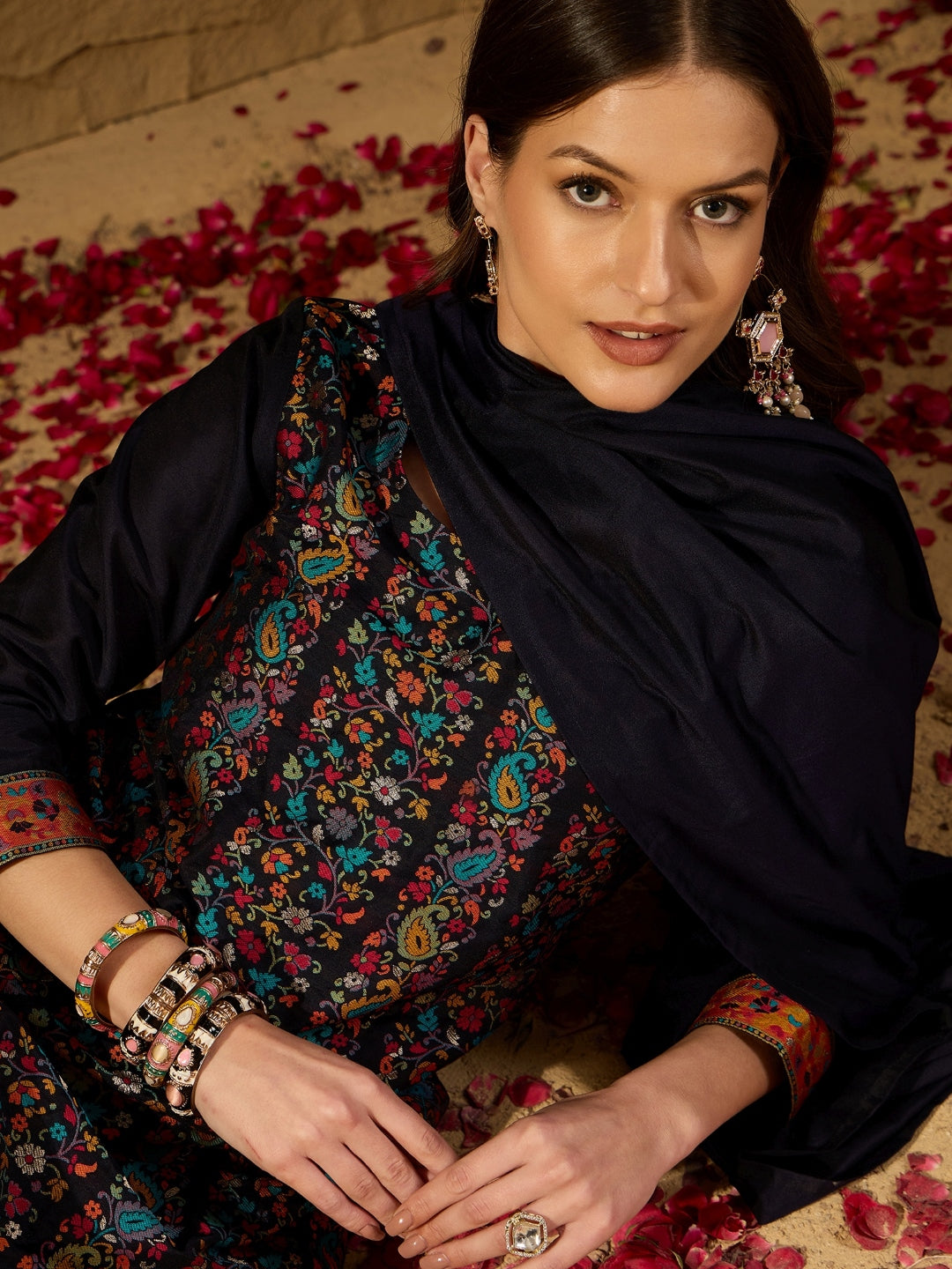 Women's Navy Blue Silk Blend Woven Design Kurta Trouser With Dupatta