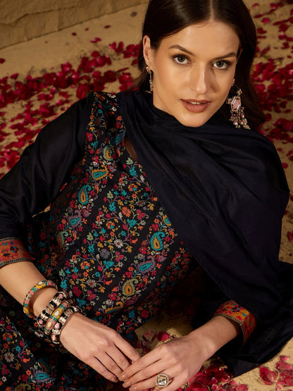 Women's Navy Blue Silk Blend Woven Design Kurta Trouser With Dupatta