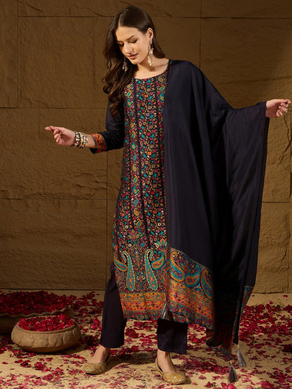 Women's Navy Blue Silk Blend Woven Design Kurta Trouser With Dupatta