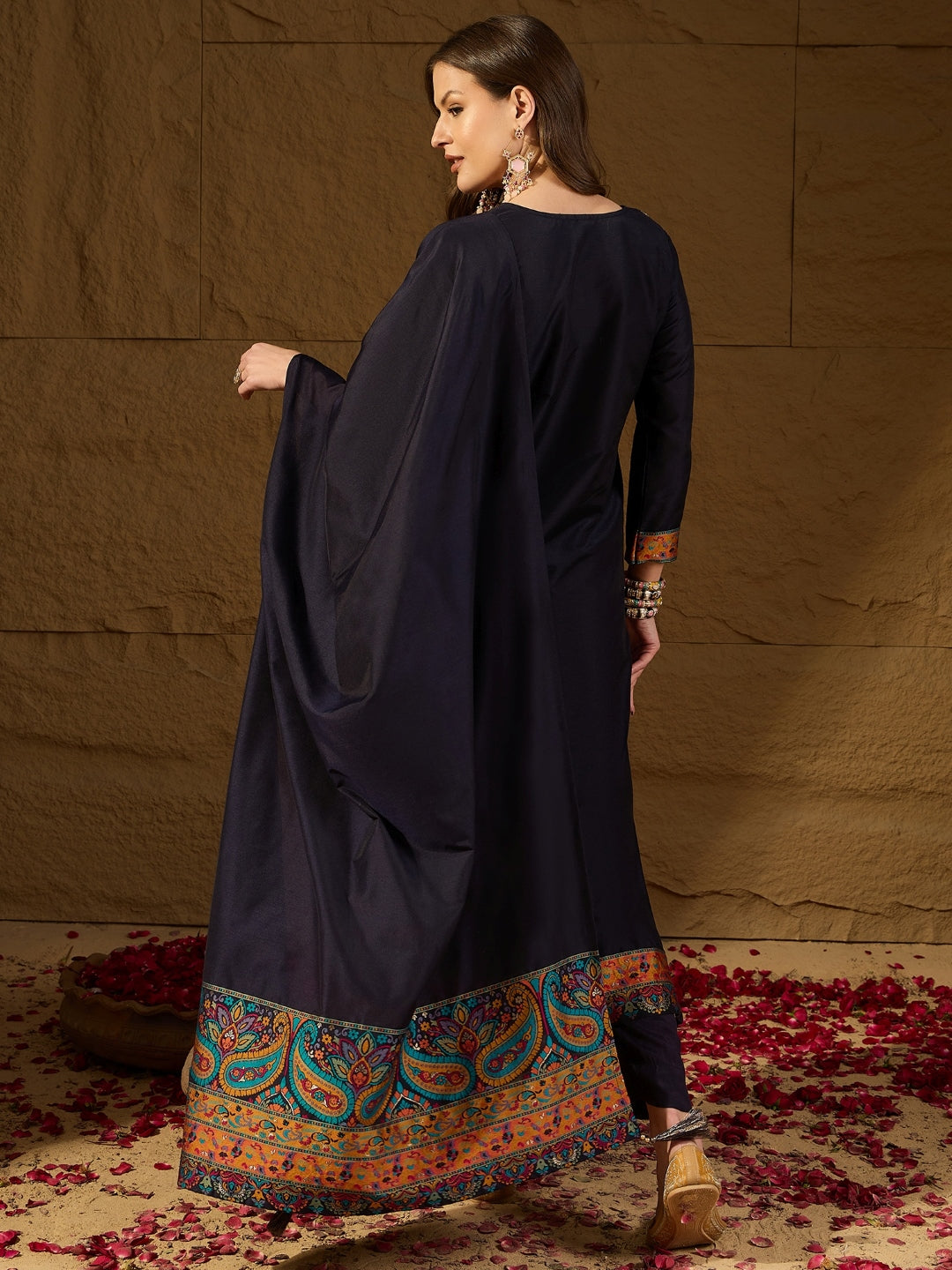 Women's Navy Blue Silk Blend Woven Design Kurta Trouser With Dupatta