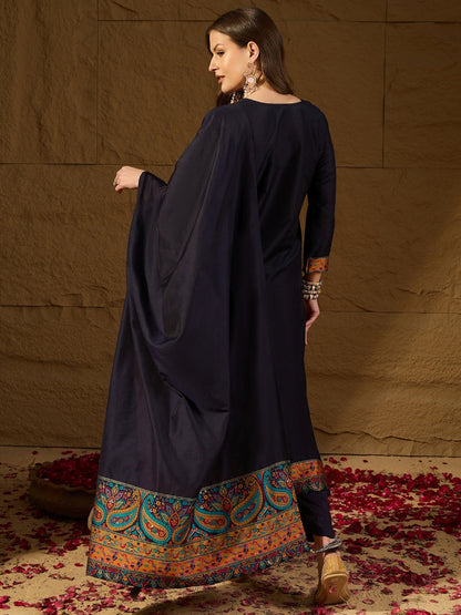 Women's Navy Blue Silk Blend Woven Design Kurta Trouser With Dupatta