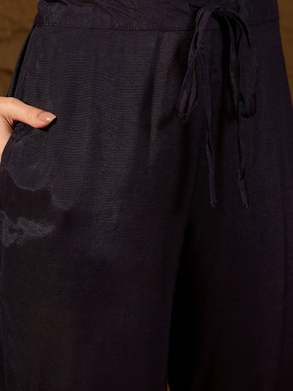 Women's Navy Blue Silk Blend Woven Design Kurta Trouser With Dupatta