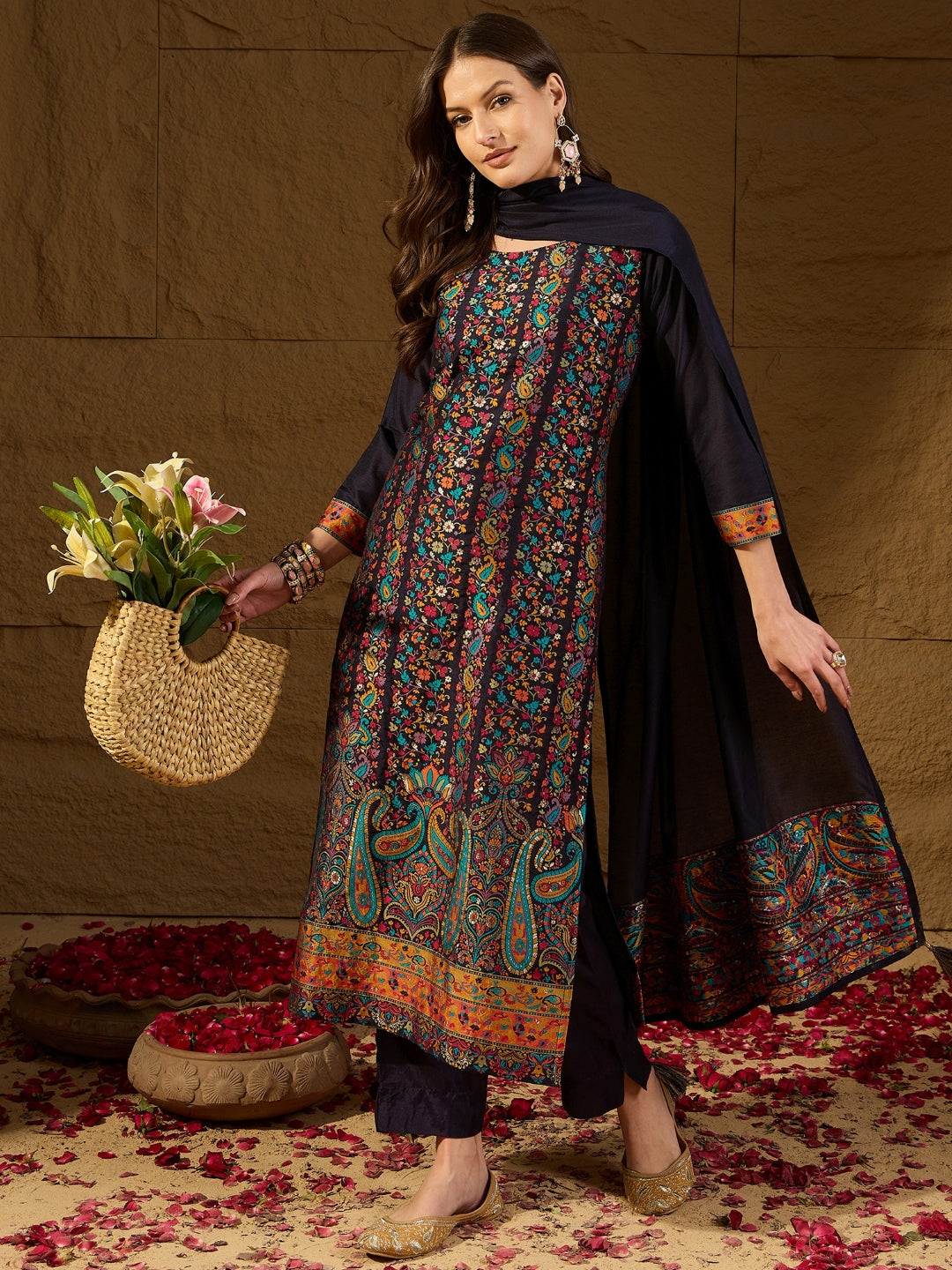 Women's Navy Blue Silk Blend Woven Design Kurta Trouser With Dupatta