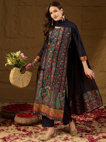 Women's Navy Blue Silk Blend Woven Design Kurta Trouser With Dupatta