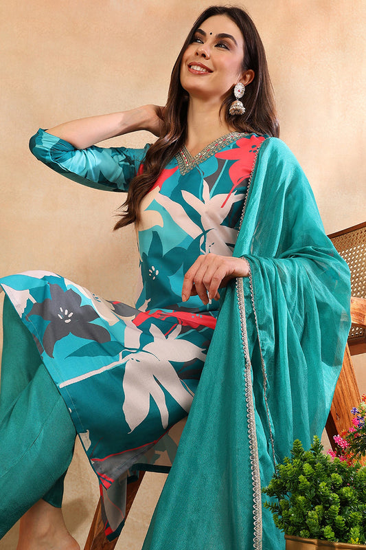 Women's Teal Silk Blend Floral Printed Straight Kurta Trouser With Dupatta