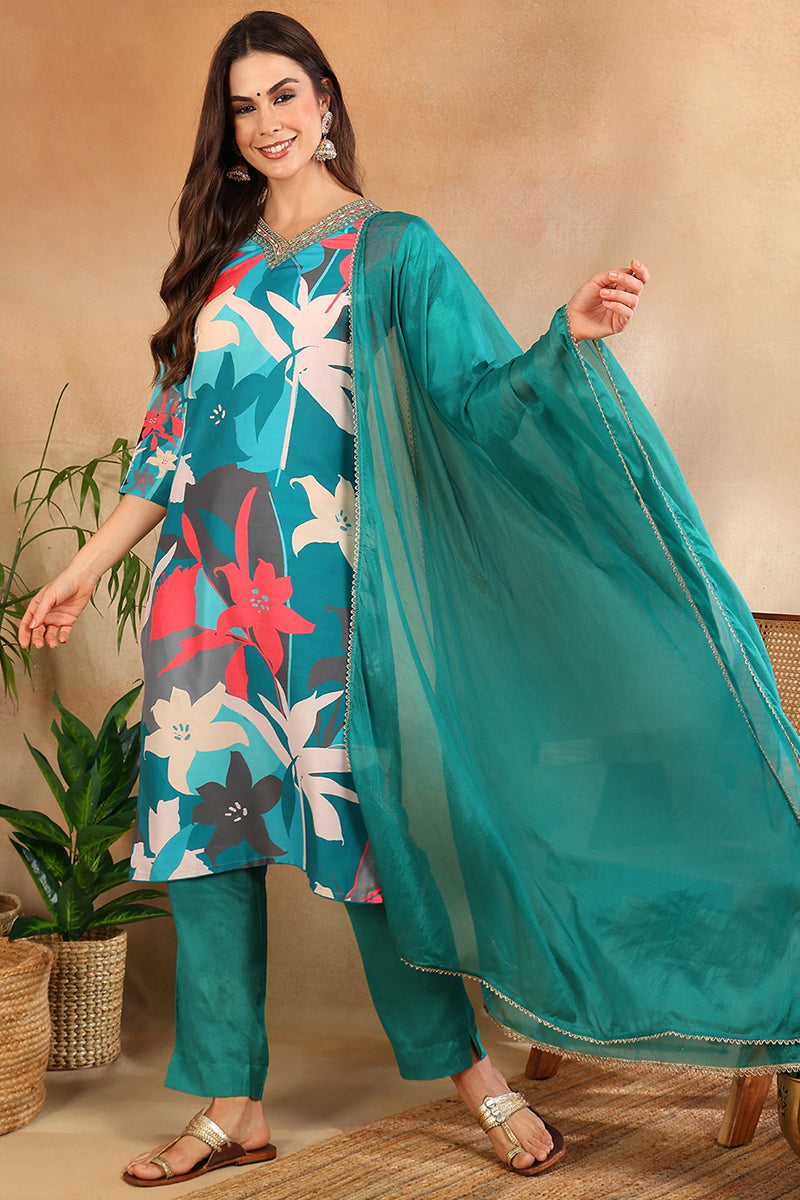 Women's Teal Silk Blend Floral Printed Straight Kurta Trouser With Dupatta