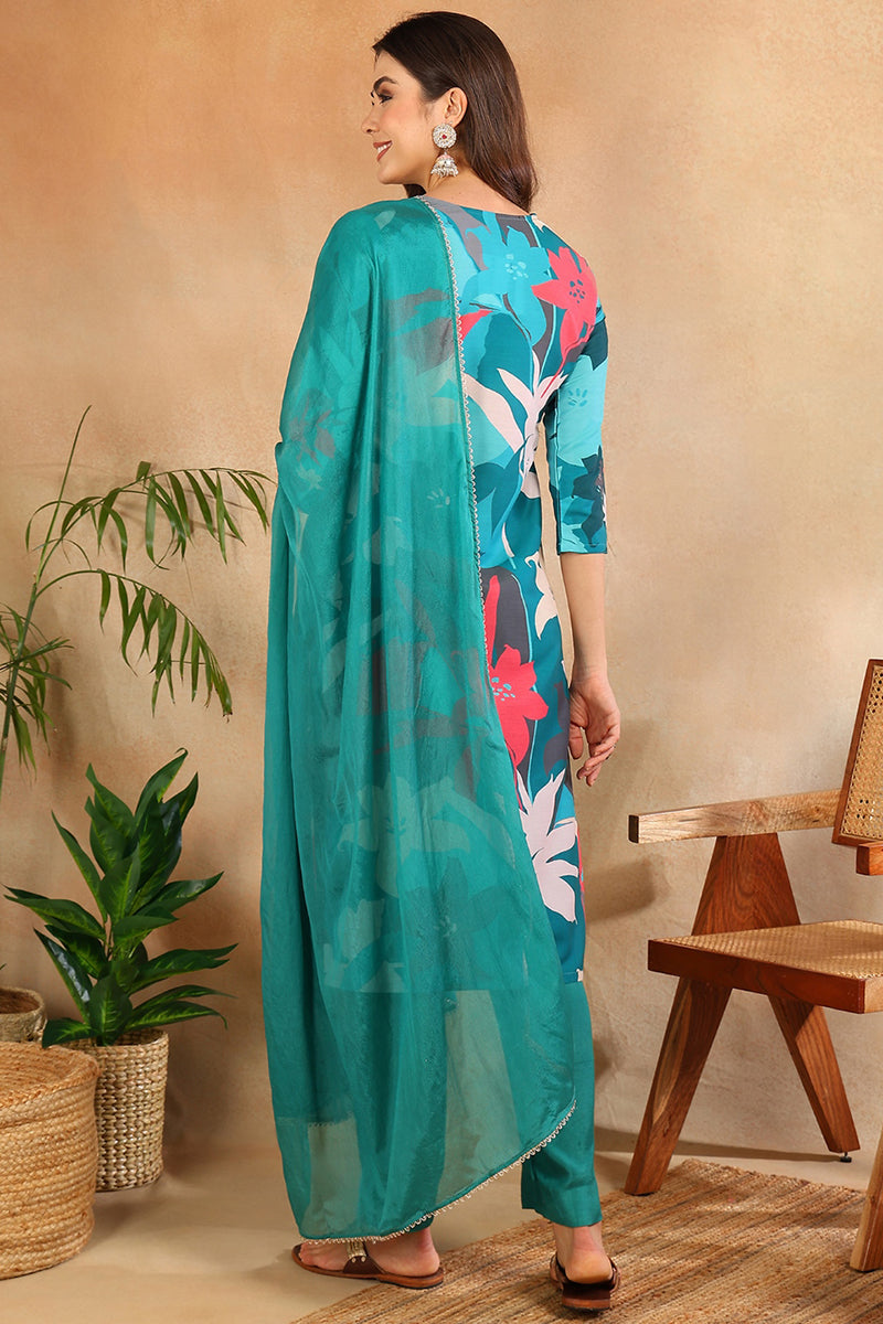 Women's Teal Silk Blend Floral Printed Straight Kurta Trouser With Dupatta