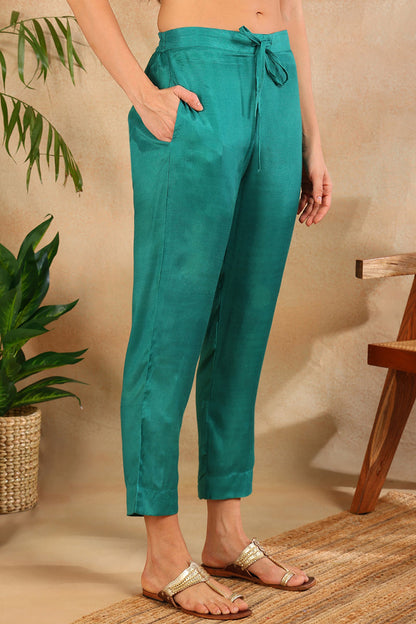 Women's Teal Silk Blend Floral Printed Straight Kurta Trouser With Dupatta