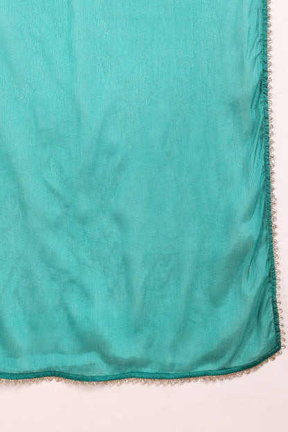 Women's Teal Silk Blend Floral Printed Straight Kurta Trouser With Dupatta