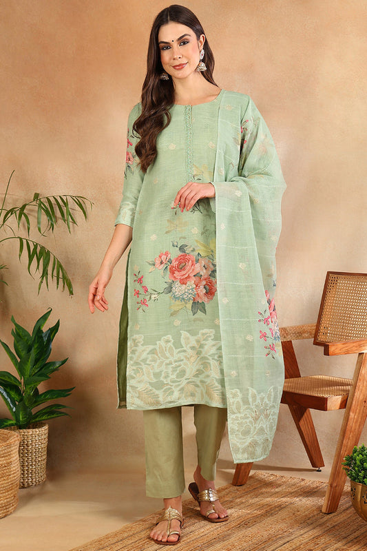 Women's Green Linen Blend Floral Woven Design Straight Kurta Trouser With Dupatta