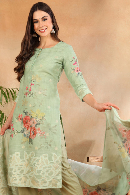 Women's Green Linen Blend Floral Woven Design Straight Kurta Trouser With Dupatta