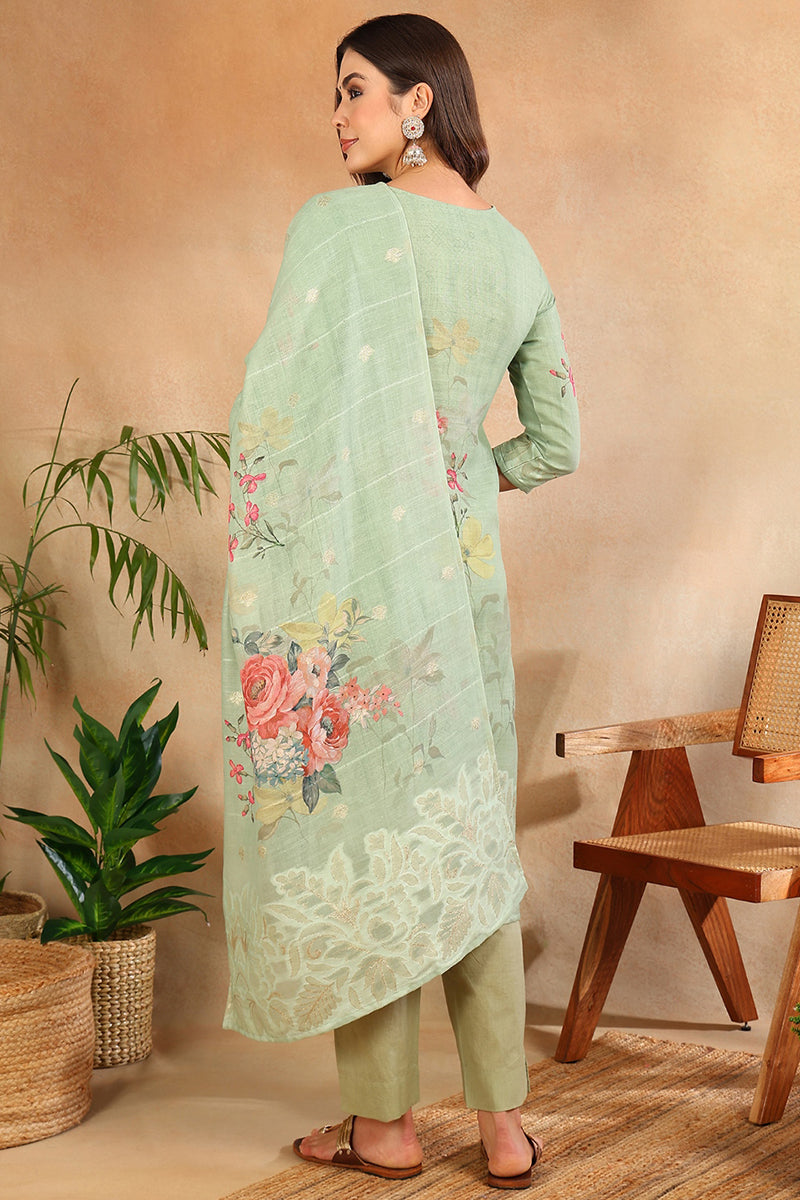 Women's Green Linen Blend Floral Woven Design Straight Kurta Trouser With Dupatta