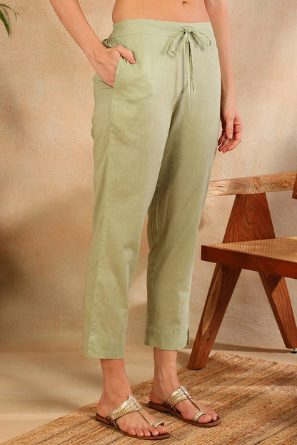 Women's Green Linen Blend Floral Woven Design Straight Kurta Trouser With Dupatta