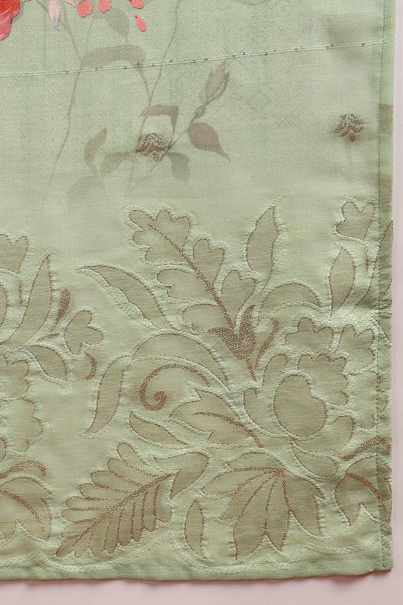 Women's Green Linen Blend Floral Woven Design Straight Kurta Trouser With Dupatta