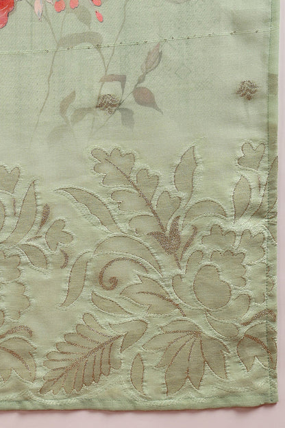 Women's Green Linen Blend Floral Woven Design Straight Kurta Trouser With Dupatta