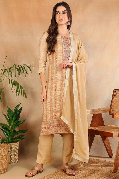 Women's Beige Chanderi Striped Woven Design Straight Kurta Trouser With Dupatta