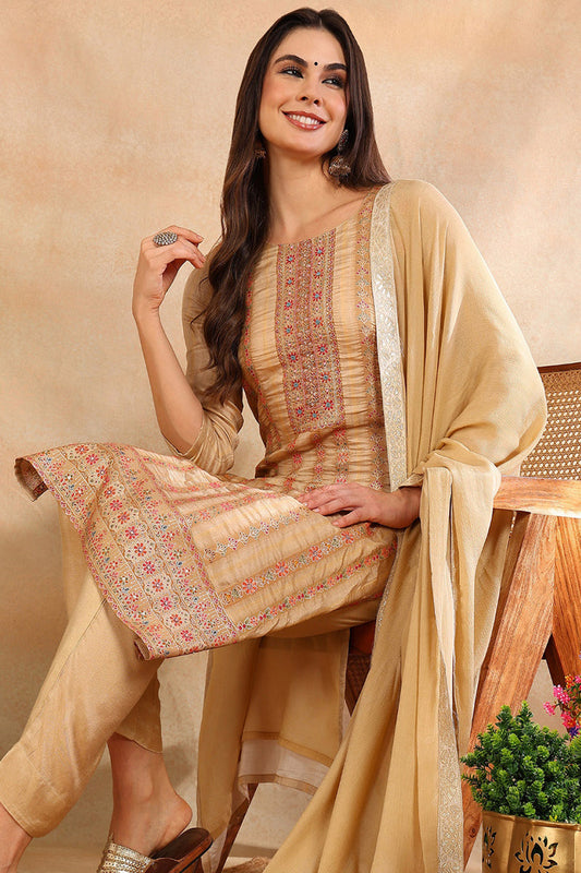 Women's Beige Chanderi Striped Woven Design Straight Kurta Trouser With Dupatta