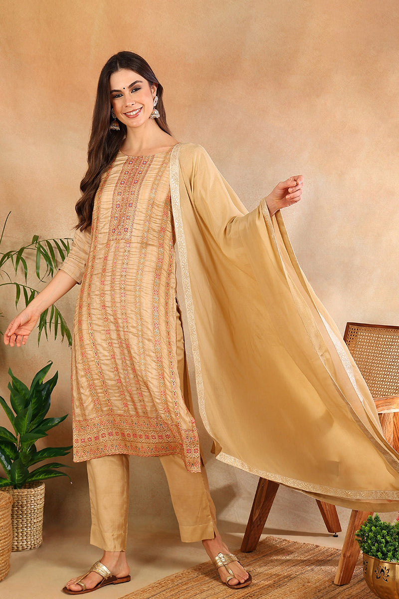 Women's Beige Chanderi Striped Woven Design Straight Kurta Trouser With Dupatta