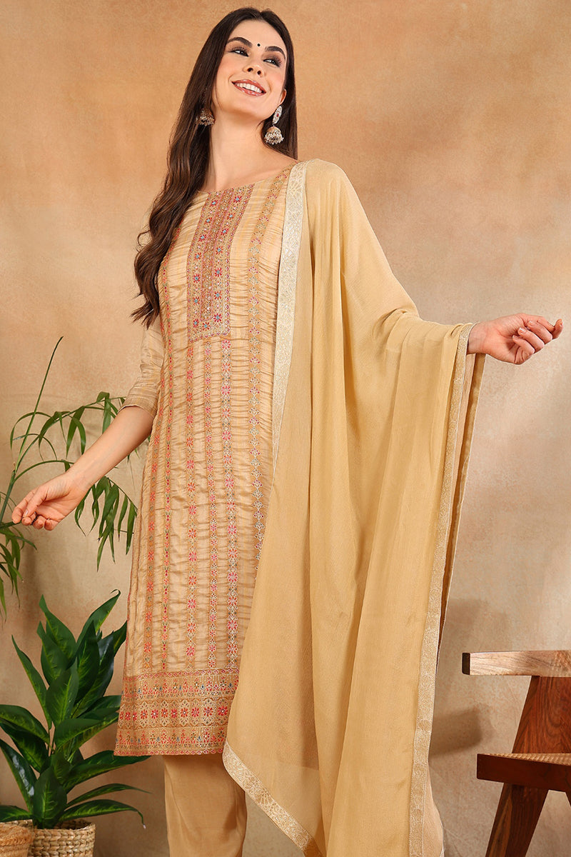 Women's Beige Chanderi Striped Woven Design Straight Kurta Trouser With Dupatta