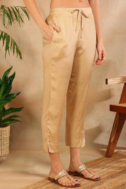 Women's Beige Chanderi Striped Woven Design Straight Kurta Trouser With Dupatta