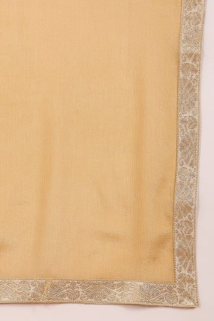 Women's Beige Chanderi Striped Woven Design Straight Kurta Trouser With Dupatta