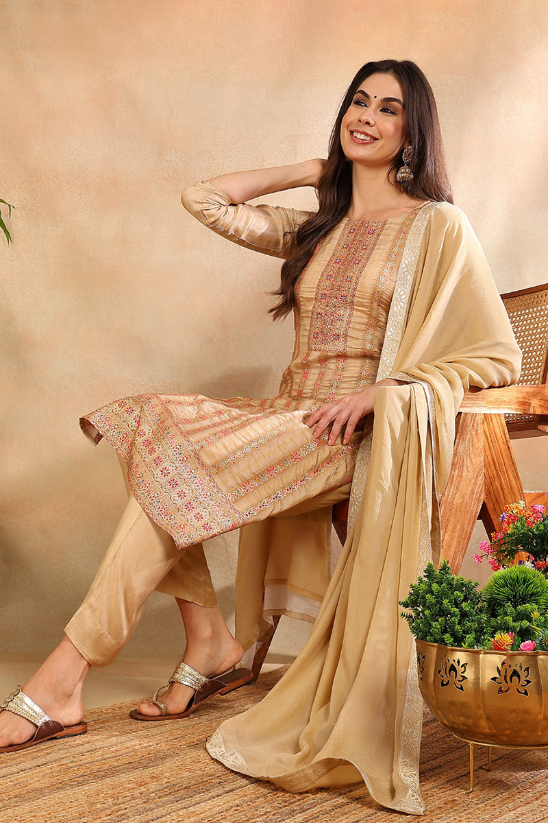 Women's Beige Chanderi Striped Woven Design Straight Kurta Trouser With Dupatta