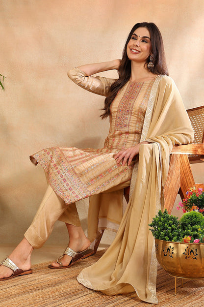 Women's Beige Chanderi Striped Woven Design Straight Kurta Trouser With Dupatta