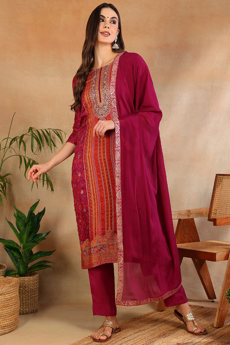Women's Purple Silk Ethnic Motifs Woven Design Straight Kurta Trouser With Dupatta