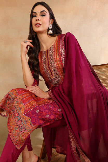 Women's Purple Silk Ethnic Motifs Woven Design Straight Kurta Trouser With Dupatta