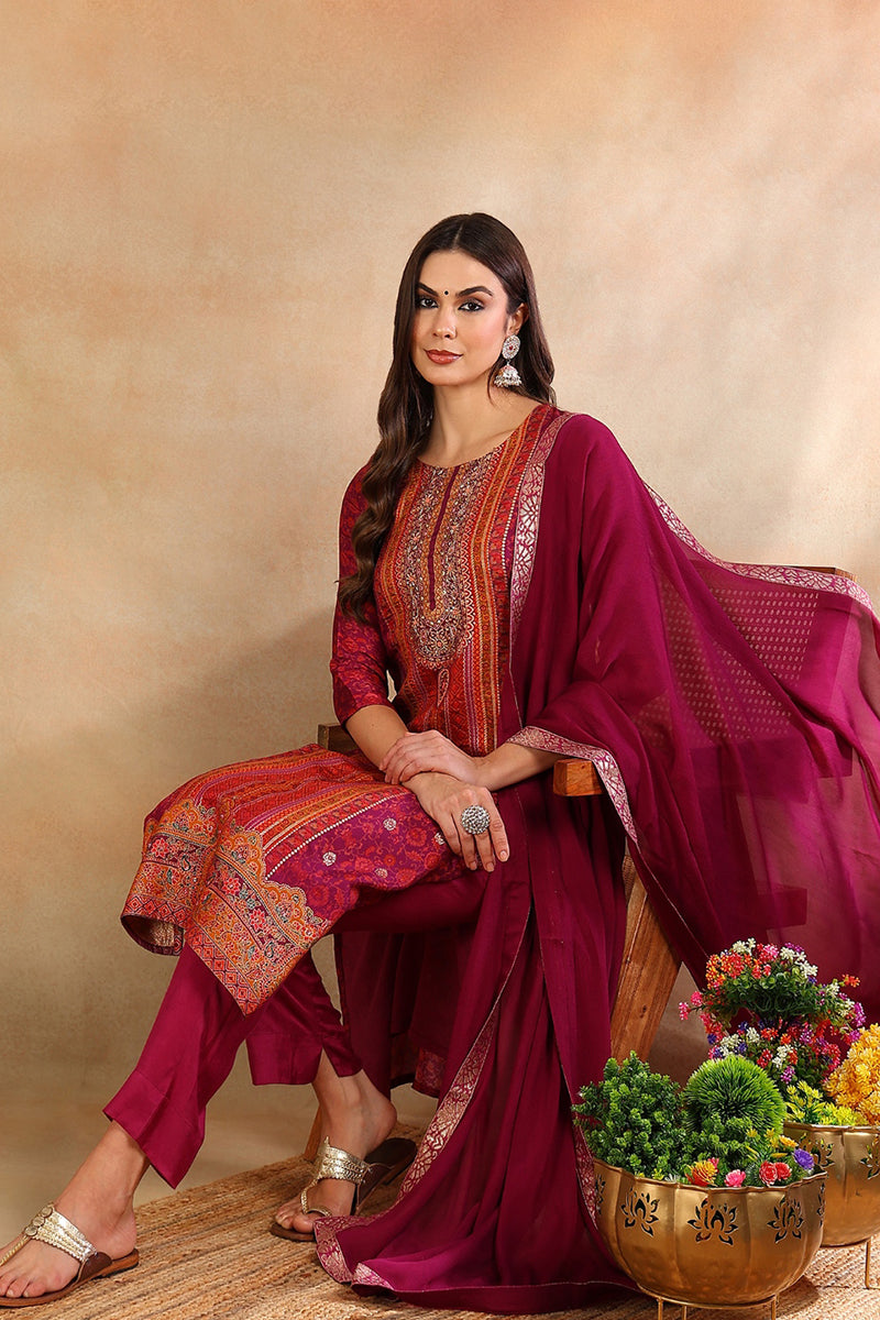 Women's Purple Silk Ethnic Motifs Woven Design Straight Kurta Trouser With Dupatta
