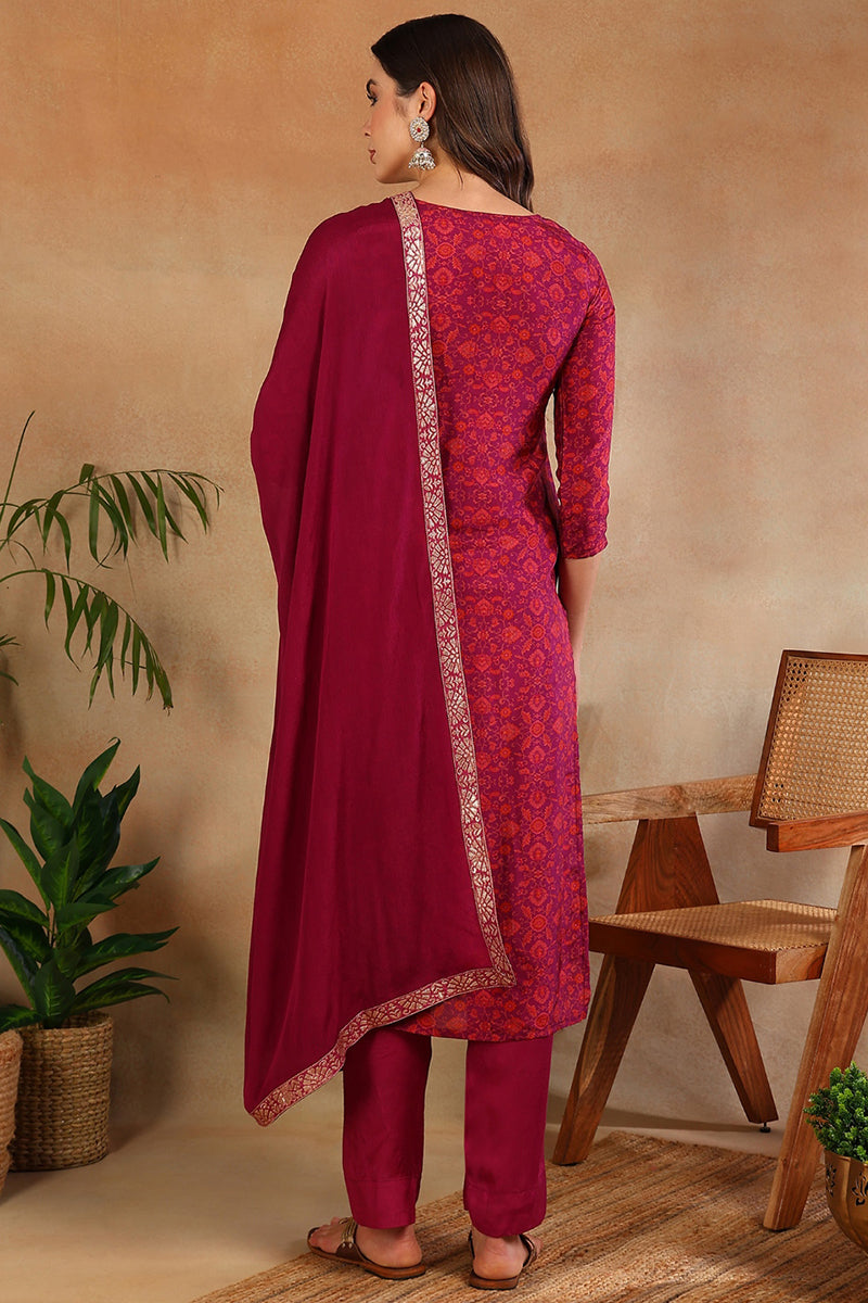 Women's Purple Silk Ethnic Motifs Woven Design Straight Kurta Trouser With Dupatta