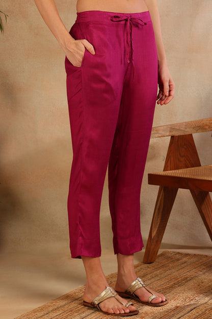 Women's Purple Silk Ethnic Motifs Woven Design Straight Kurta Trouser With Dupatta