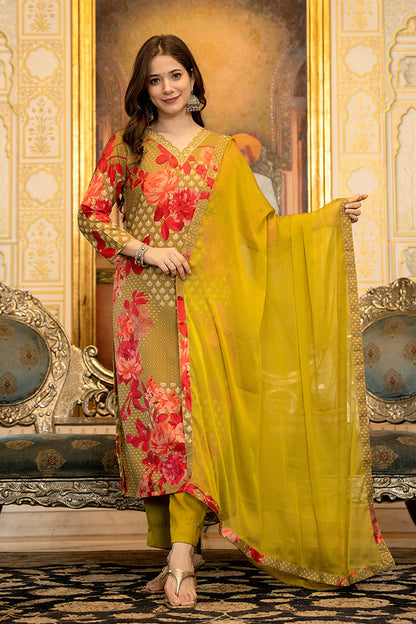 Women's Green Silk Blend Floral Printed Straight Kurta Trouser With Dupatta