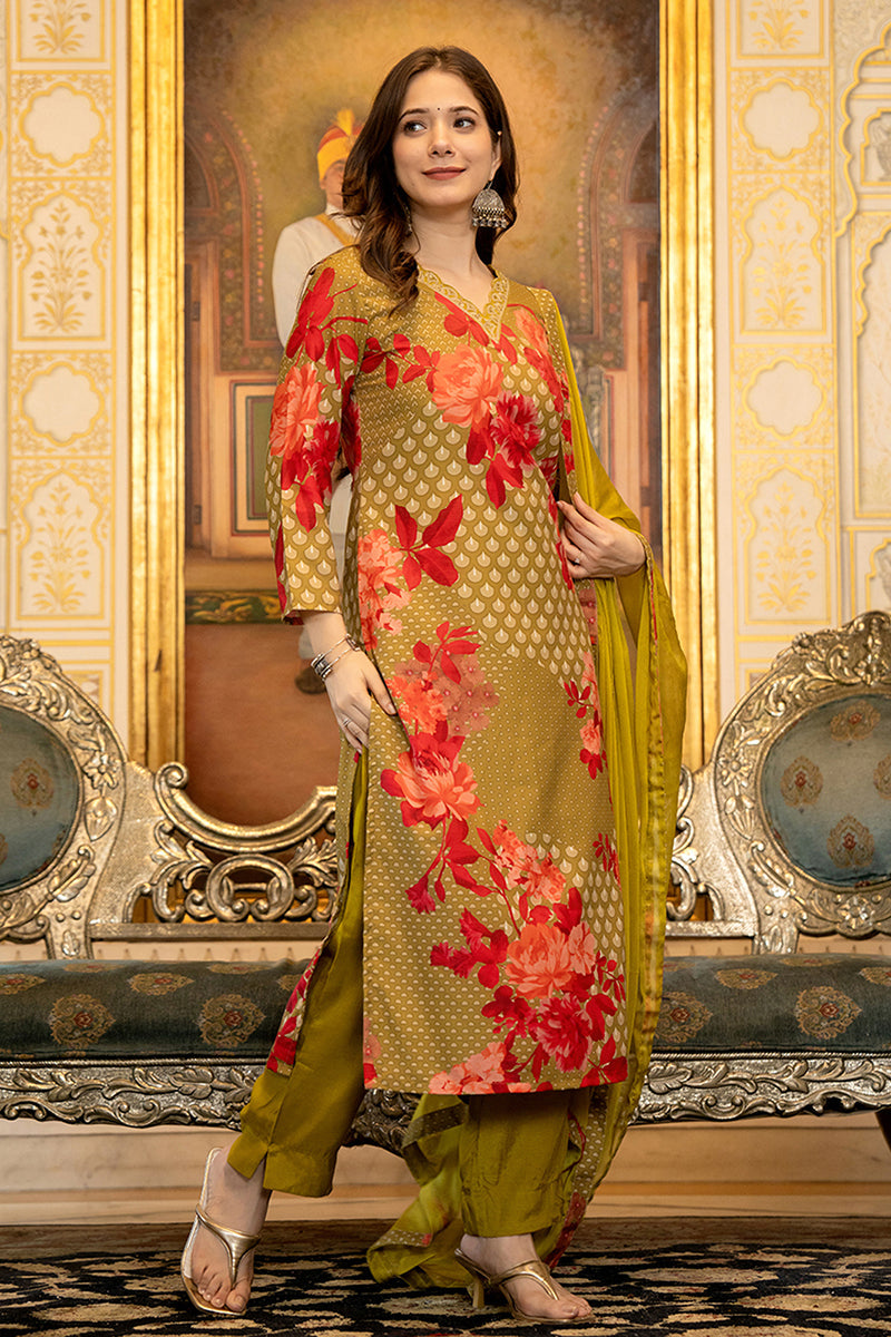Women's Green Silk Blend Floral Printed Straight Kurta Trouser With Dupatta