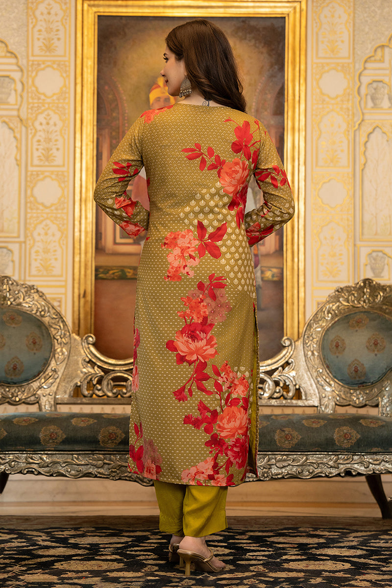 Women's Green Silk Blend Floral Printed Straight Kurta Trouser With Dupatta