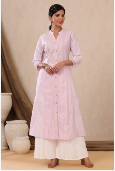 Women's Purple Cotton Dobby Printed A-Line Kurta with Mask