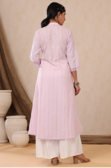Women's Purple Cotton Dobby Printed A-Line Kurta with Mask