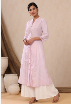 Women's Purple Cotton Dobby Printed A-Line Kurta with Mask