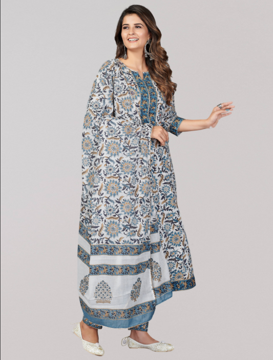 Women's Blue Anarkali Cotton Kurta With Pant & Dupatta By Vbuyz (3