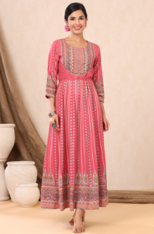 Women's Pink Rayon Printed Anarkali Dress