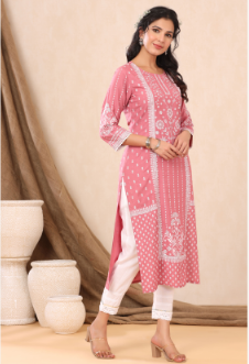 Women's Pink Rayon Printed Straight Kurta
